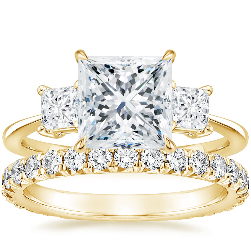 18K Yellow Gold Princess Cut Three Stone Diamond Ring